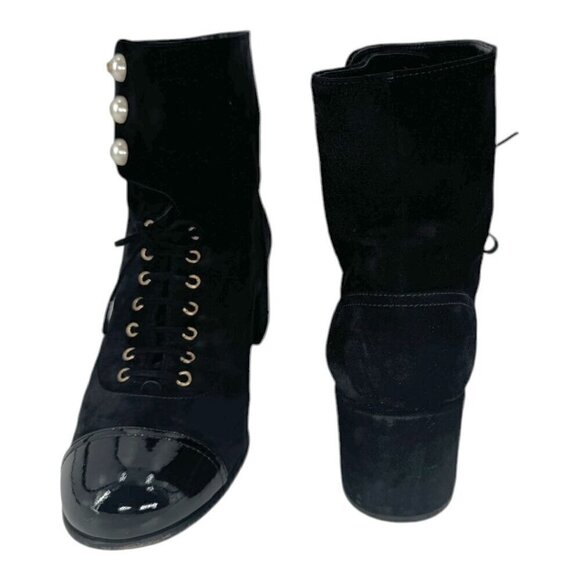 Chanel Suede Pearl CC Logo Patent Cap Toe Short Boots - Picture 6 of 16